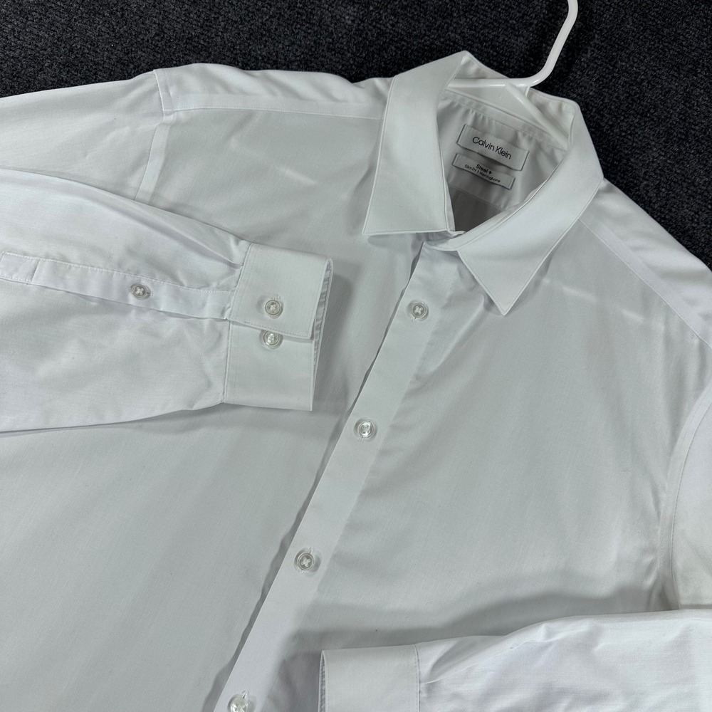Calvin Klein Dress Shirt Mens XL Extra Large White Steel+ Slim Fit Herringbone